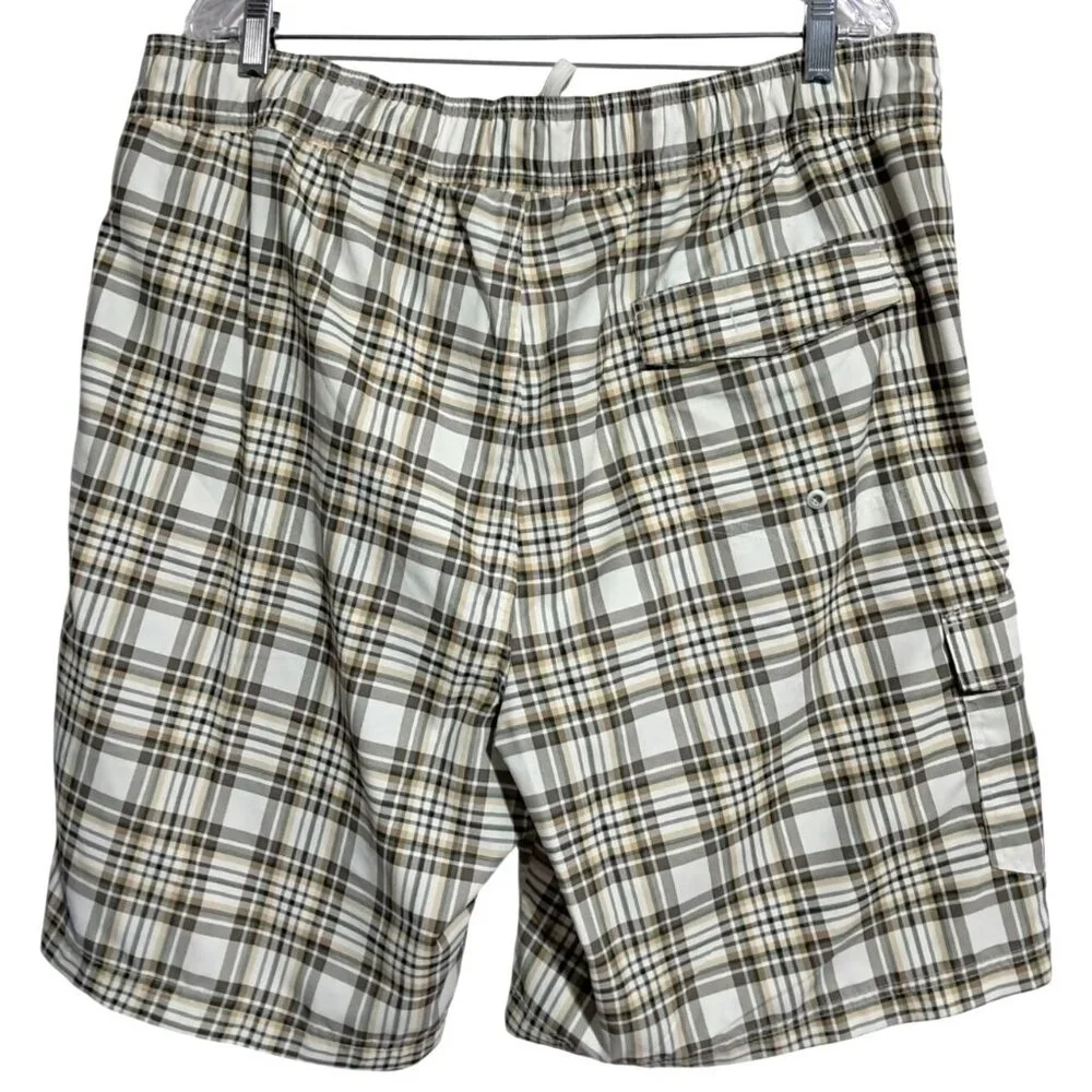 Chaps Plaid Swim Trunks Mens XL Beige White Polyester Mesh‎ Lined Drawstring